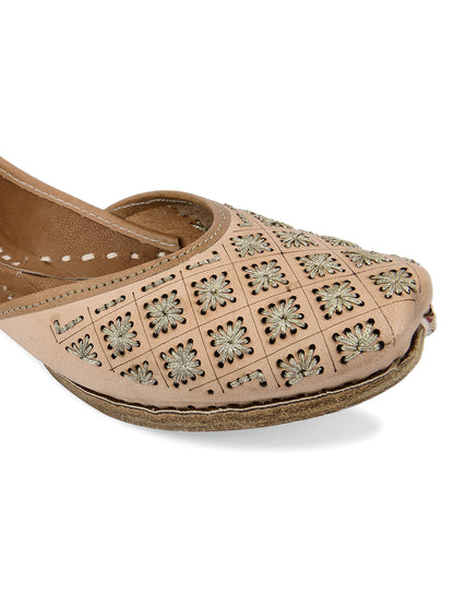 DESI COLOUR Women Nude-Coloured Embellished Leather Ethnic Mojaris Flats