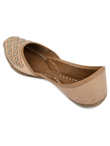 DESI COLOUR Women Nude-Coloured Embellished Leather Ethnic Mojaris Flats