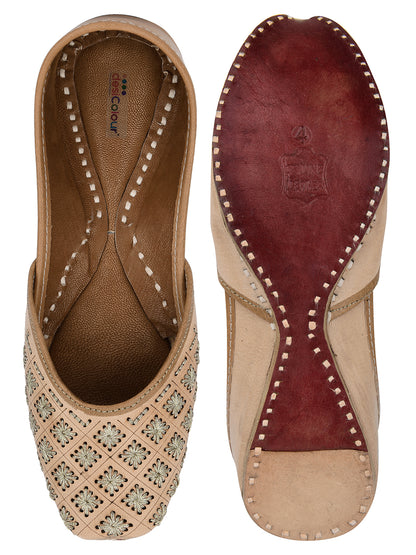 DESI COLOUR Women Nude-Coloured Embellished Leather Ethnic Mojaris Flats