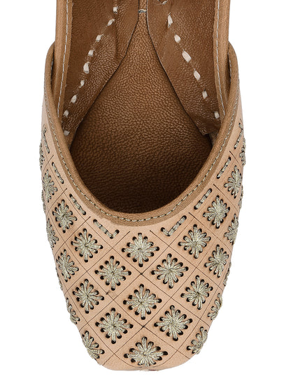 DESI COLOUR Women Nude-Coloured Embellished Leather Ethnic Mojaris Flats