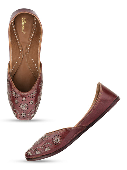 DESI COLOUR Women Brown Embellished Ethnic Mojaris Flats