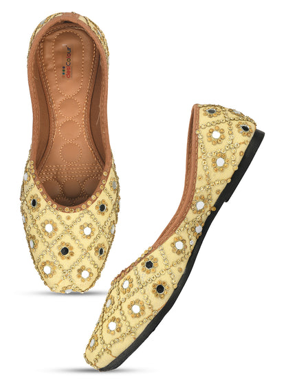 DESI COLOUR Women Yellow Embellished Leather Ethnic Mojaris Flats