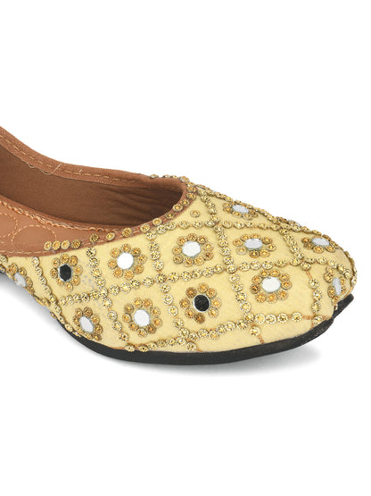 DESI COLOUR Women Yellow Embellished Leather Ethnic Mojaris Flats