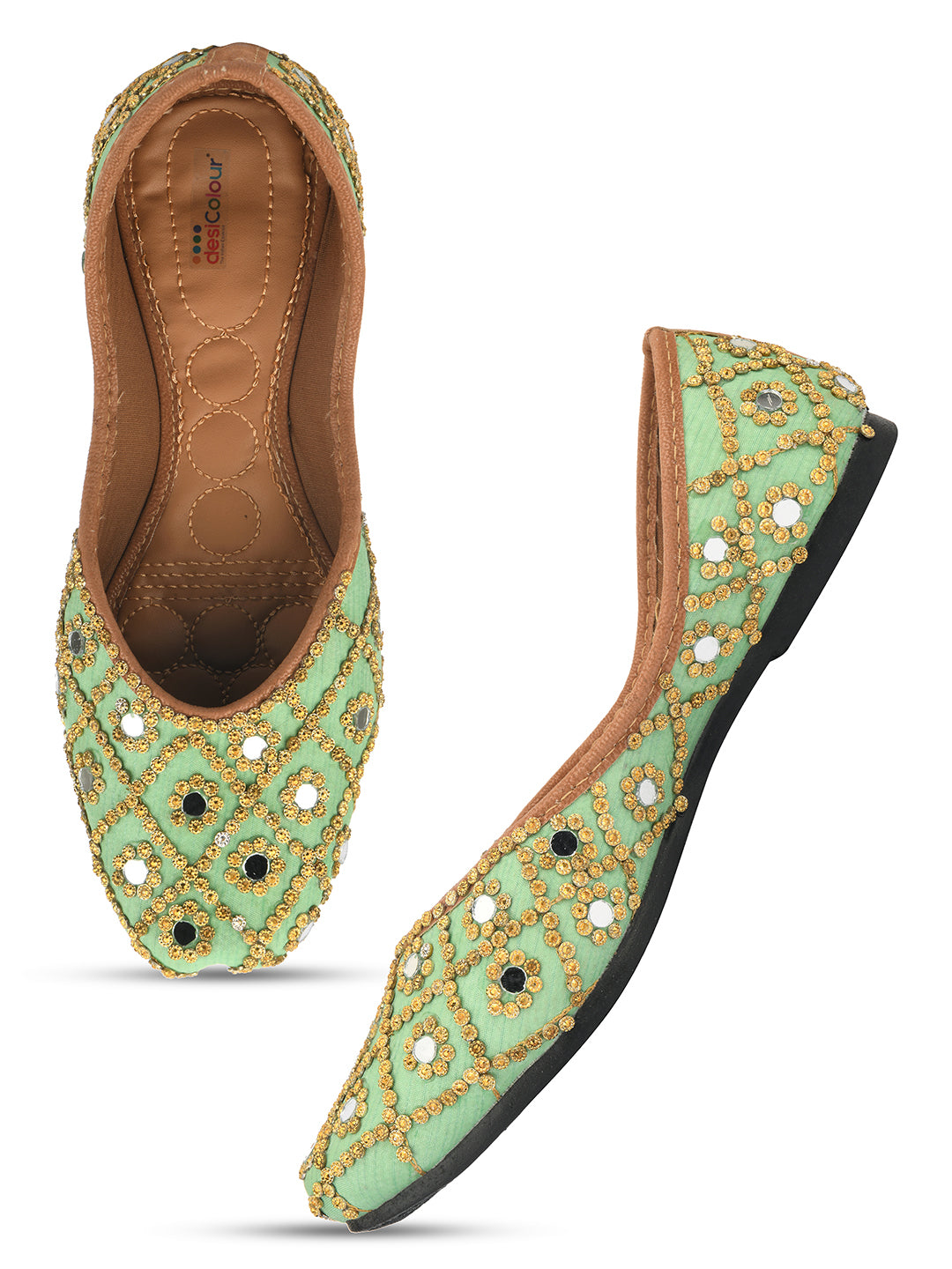 DESI COLOUR Women Green Embellished Leather Ethnic Mojaris Flats