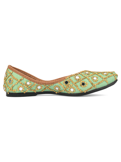 DESI COLOUR Women Green Embellished Leather Ethnic Mojaris Flats