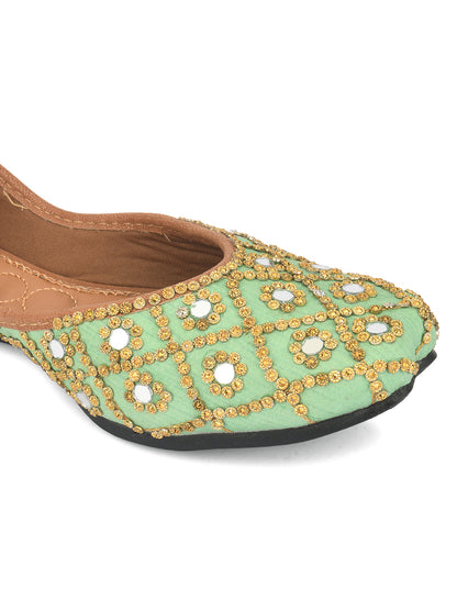 DESI COLOUR Women Green Embellished Leather Ethnic Mojaris Flats