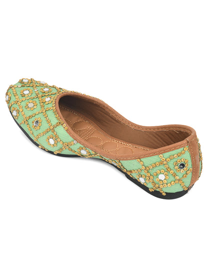 DESI COLOUR Women Green Embellished Leather Ethnic Mojaris Flats