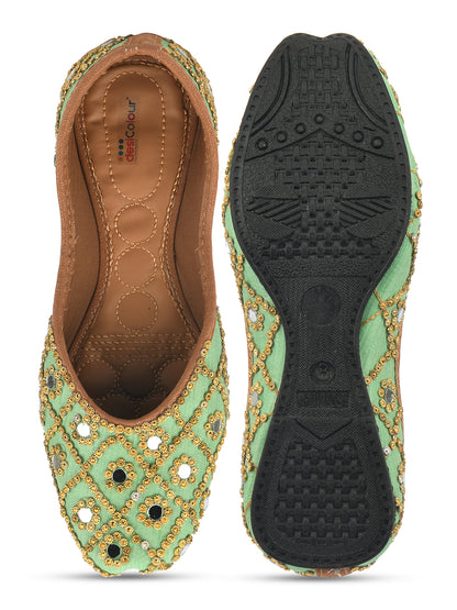 DESI COLOUR Women Green Embellished Leather Ethnic Mojaris Flats