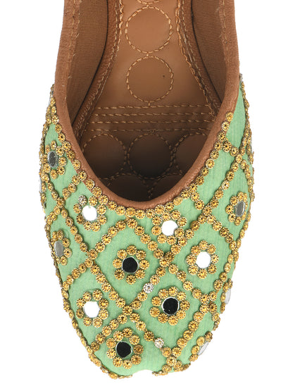 DESI COLOUR Women Green Embellished Leather Ethnic Mojaris Flats