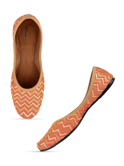 DESI COLOUR Women Orange Embellished  Mojaris Flats