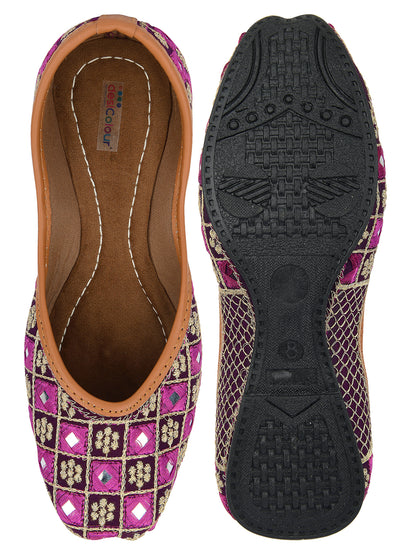 DESI COLOUR Women Maroon Embellished Leather Ethnic Mojaris Flats