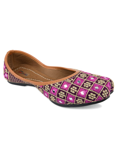 DESI COLOUR Women Maroon Embellished Leather Ethnic Mojaris Flats