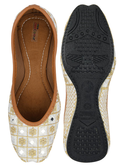 DESI COLOUR Women White Embellished Leather Ethnic Mojaris Flats