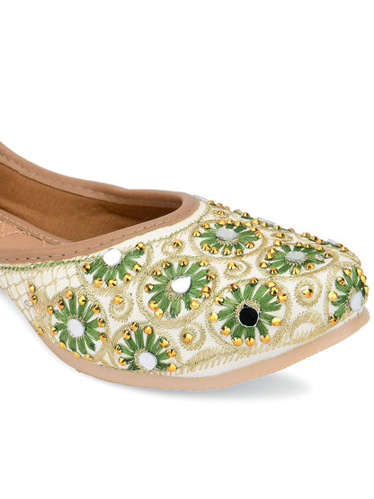 DESI COLOUR Women Green Mirror Work Embellished Ethnic Mojaris Flats