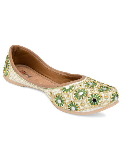 DESI COLOUR Women Green Mirror Work Embellished Ethnic Mojaris Flats