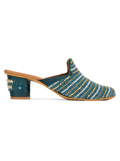 DESI COLOUR Women Teal Pearl Hand Enbroided regular ankle and open back Ethnic Block Mules