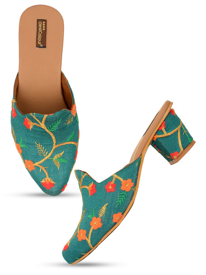 DESI COLOUR Women Teal Embellished Ethnic Block Mules