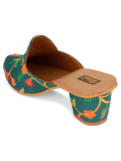 DESI COLOUR Women Teal Embellished Ethnic Block Mules