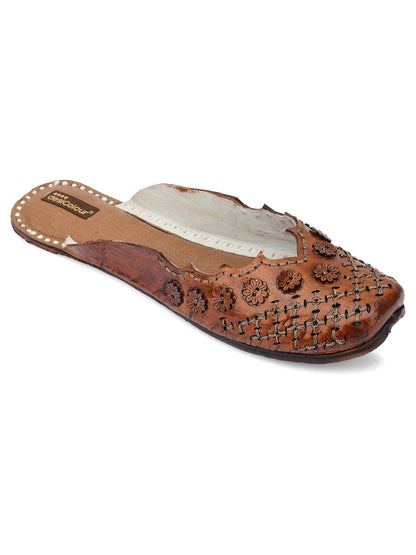 DESI COLOUR Women Brown Embellished Ethnic Mules with Laser Cuts Flats