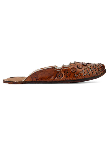 DESI COLOUR Women Brown Embellished Ethnic Mules with Laser Cuts Flats