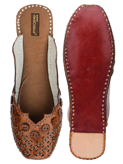 DESI COLOUR Women Brown Embellished Ethnic Mules with Laser Cuts Flats