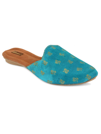 DESI COLOUR Women Blue Printed Ethnic Mules