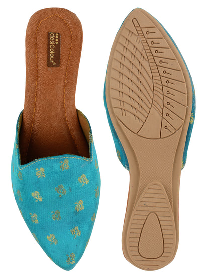 DESI COLOUR Women Blue Printed Ethnic Mules