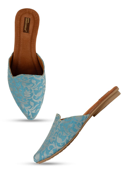 DESI COLOUR Women Blue Printed Leather Ethnic Flats