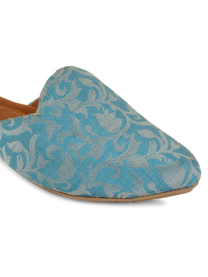 DESI COLOUR Women Blue Printed Leather Ethnic Flats