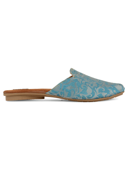 DESI COLOUR Women Blue Printed Leather Ethnic Flats