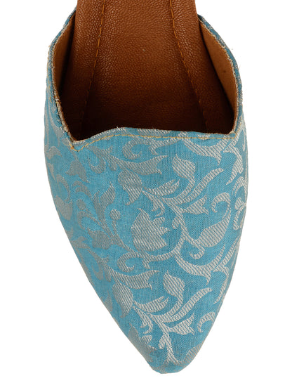 DESI COLOUR Women Blue Printed Leather Ethnic Flats