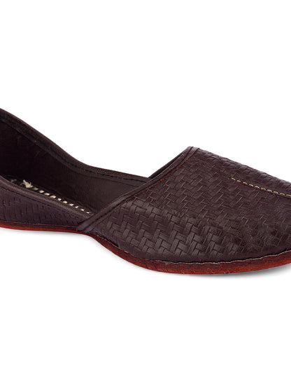 DESI COLOUR Men Coffee Brown Woven Design Leather Mojaris